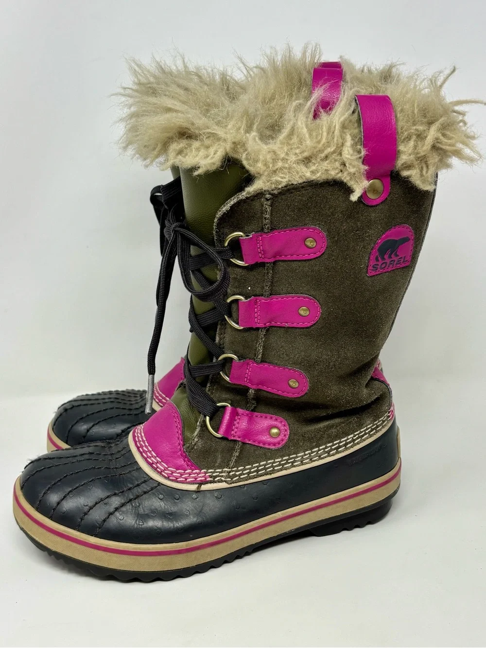 Sorel Tofino Lace Up Tall Winter Boots Girls Insulated Green Suede Faux Fur Pink